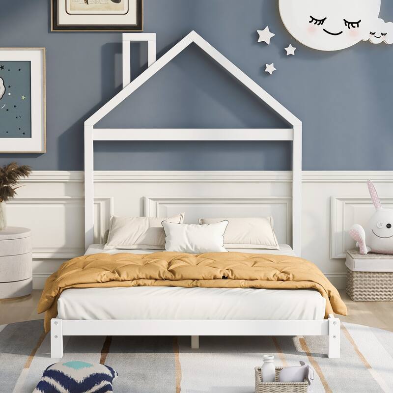 Wood Platform Bed with House-Shaped Headboard