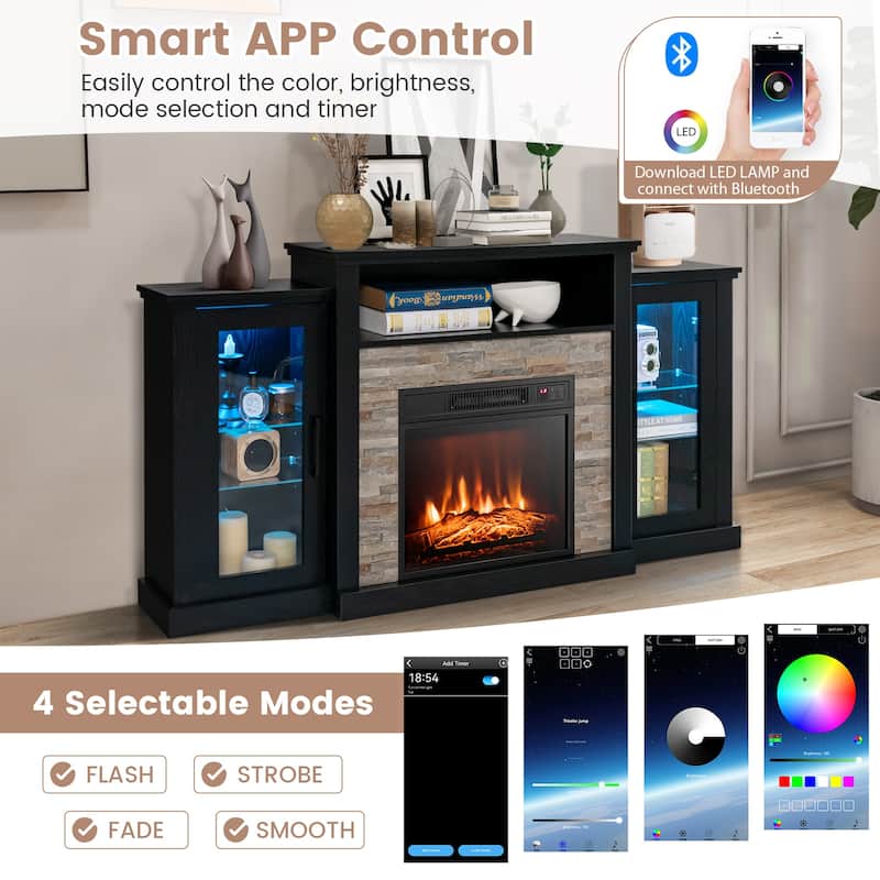 Electric Fireplace TV Stand with 16-Color LED Lights and Adjustable Glass Shelves for Living Room - 59" x 10" x 32.5"