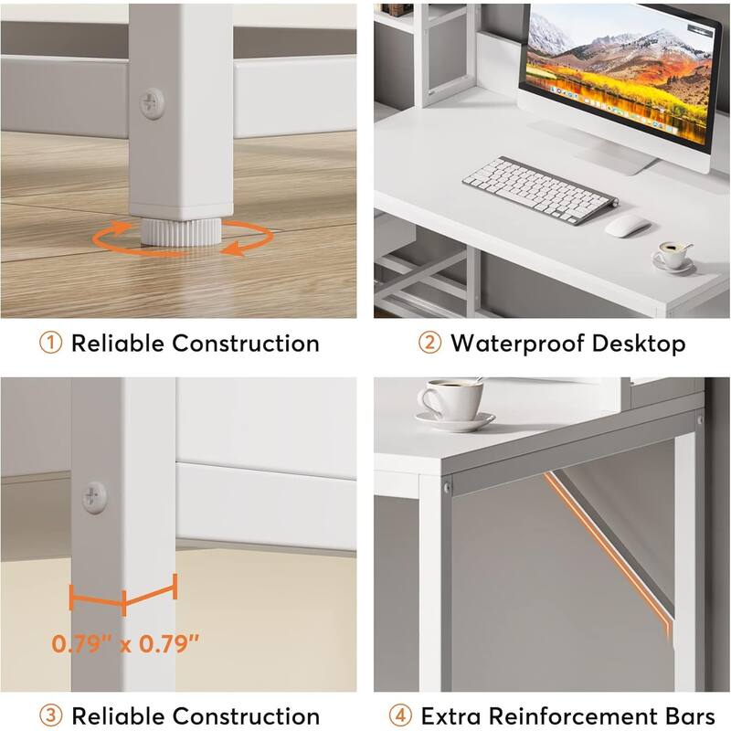 55" White Computer Desk with Hutch, 2 Drawers & Open Shelves