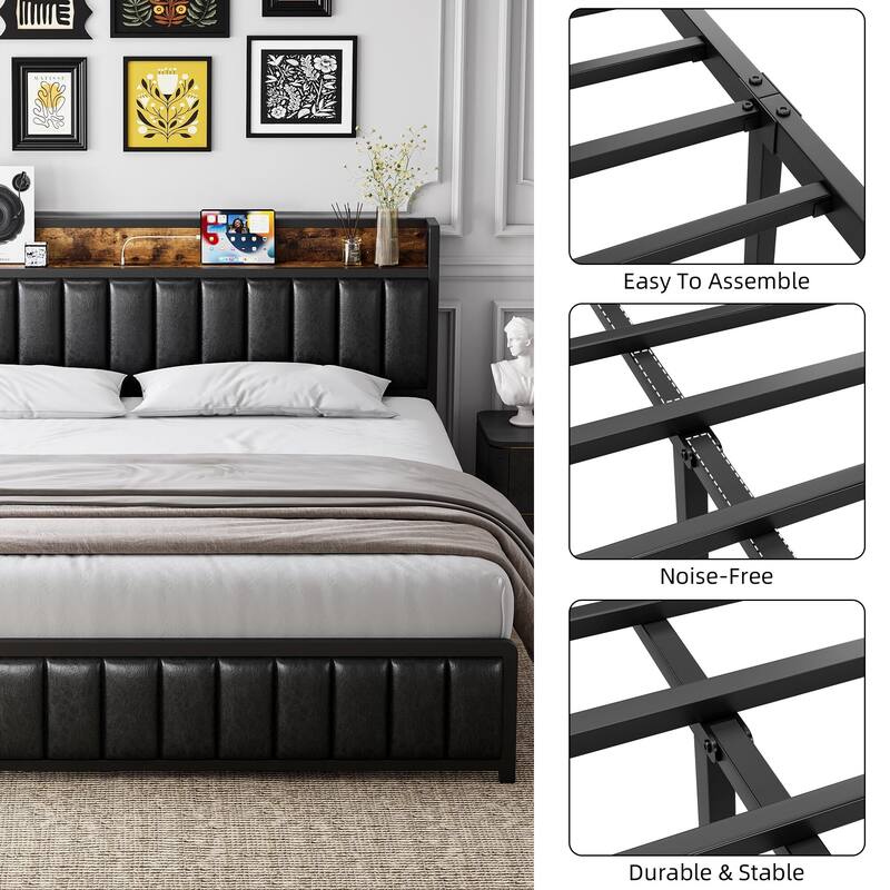 Upholstered Bed Frame with Charging Station