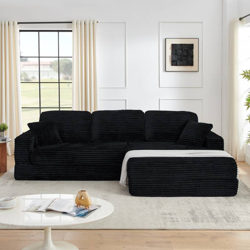 112.6" Modern L-shaped Modular Sectional Sofa in Corduroy, Unfold into Bed for Rest - Black - Left Facing