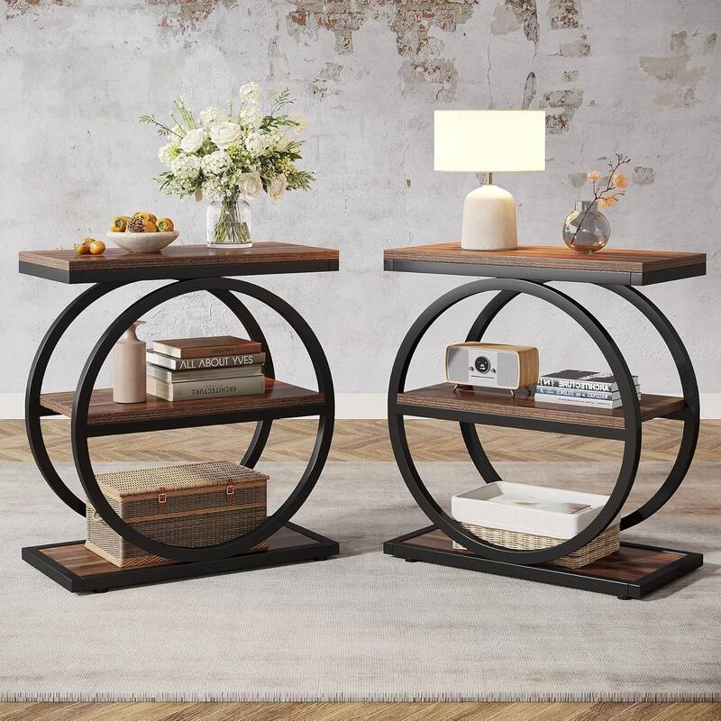 3 Tiers End Table, Wood Side Table for Living Room, Slim Nightstand - 2 Pcs - Brown