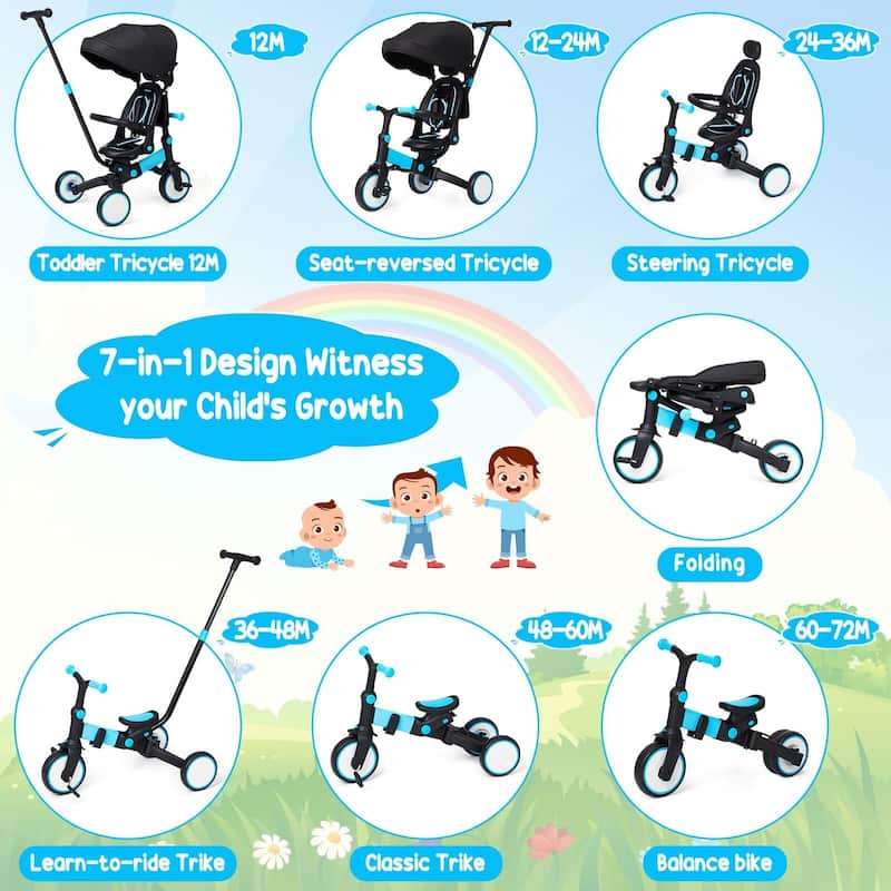 Baby Tricycle, 7-in-1 Folding Kids Tricycle with Adjustable Parent Handle