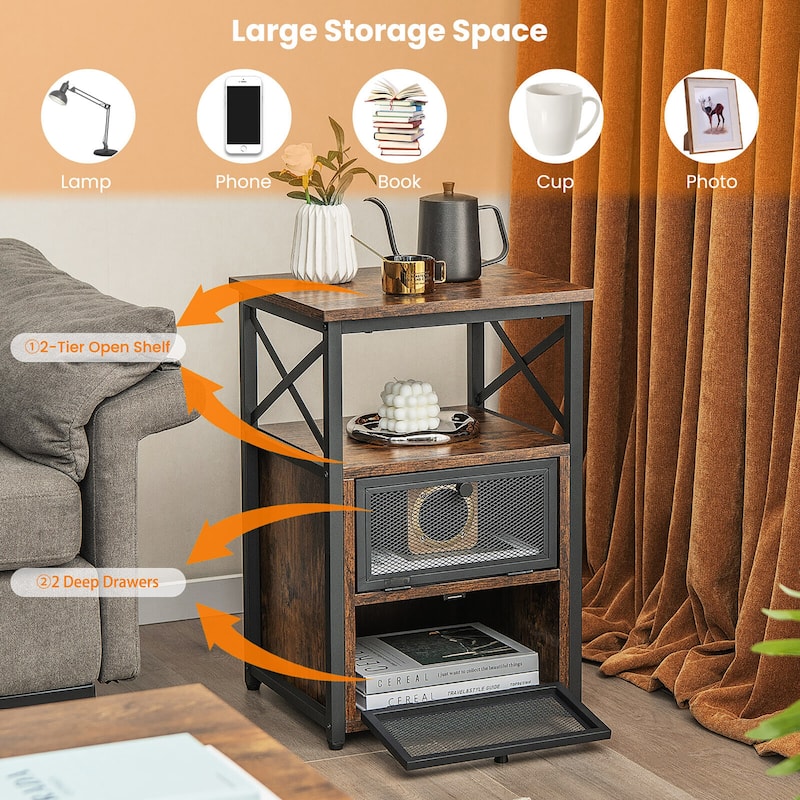 Gymax 2PCS Side End Table Nightstands w/ 2 Open shelves & 2 Flip