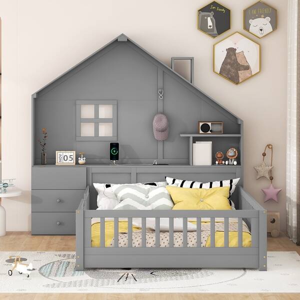 slide 2 of 11, Full Floor Bed Frame wDrawers, Shelf, Sockets, USB Port, Hook up - Grey Gray - Full