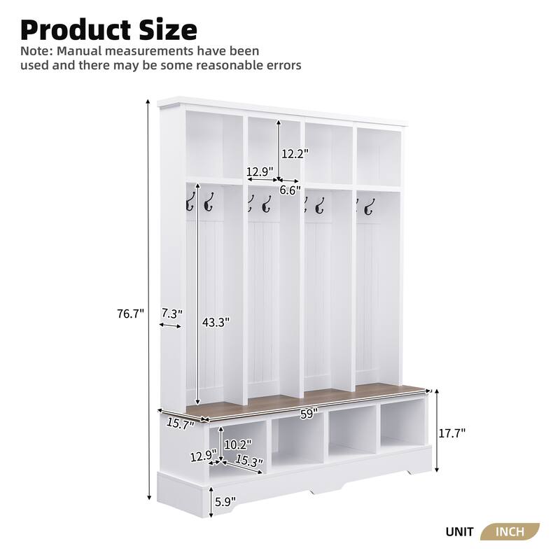 Farmhouse 59 in Hall Tree with 8 Hooks, Bench with Open Cubbies, 76.7 in H Entryway Coat & Shoe Organizer