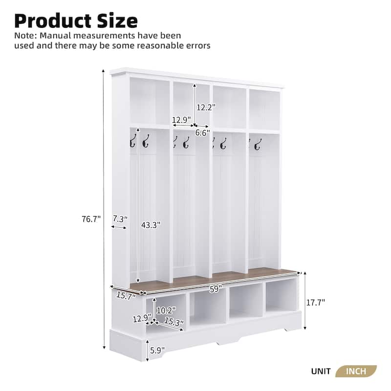 Farmhouse Hall Tree with 8 Hooks 8 Compartments Wooden Bench for Entryway
