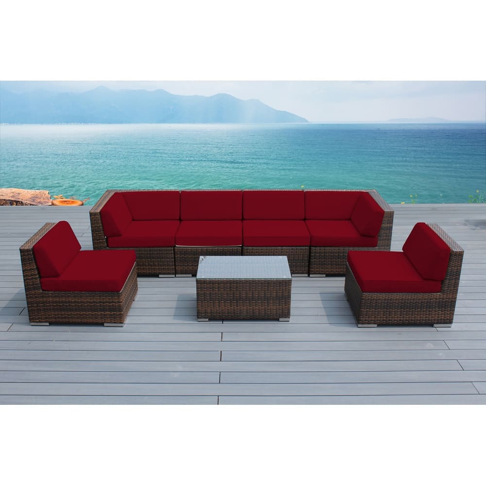 Ohana Outdoor Patio 7 Piece Mixed Brown Wicker Sectional with Cushions - No Assembly