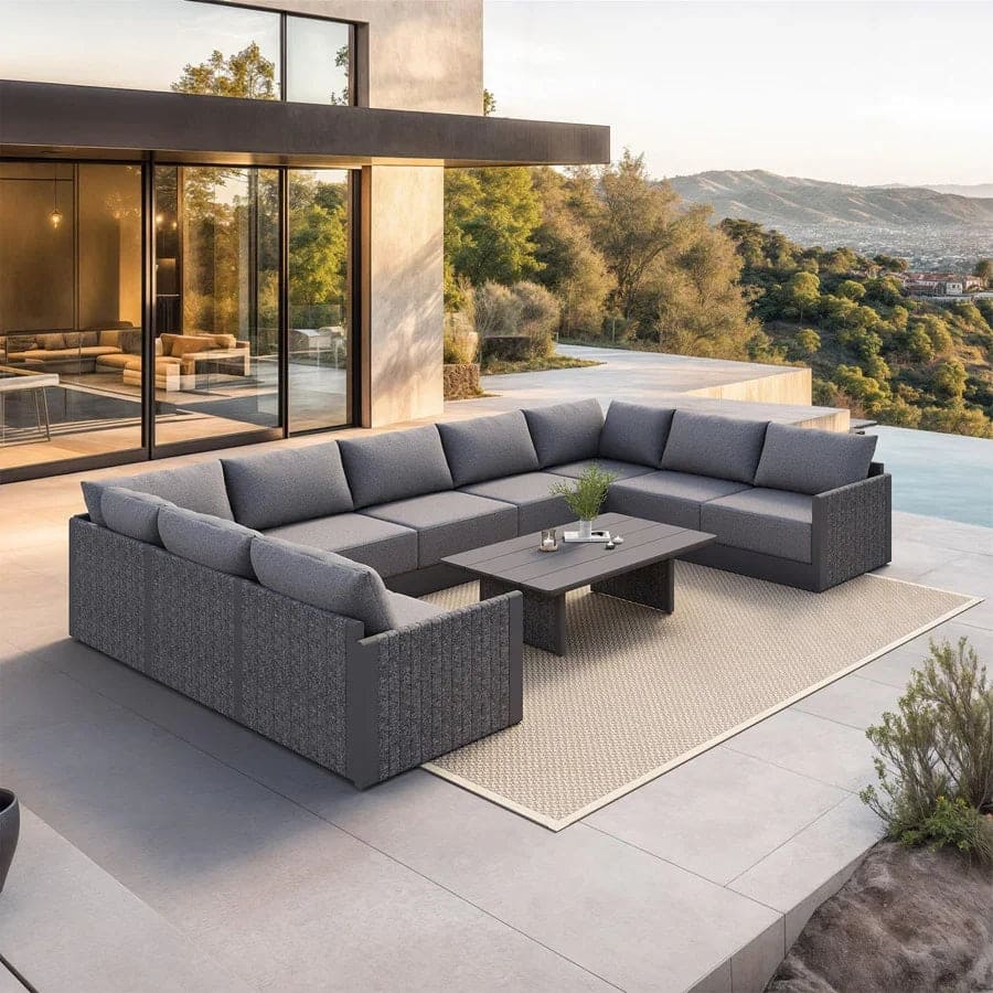 PURPLE LEAF Sanori U-Shaped Patio Conversation Set with Grey Ottoman and Cushion for Poolside Graden