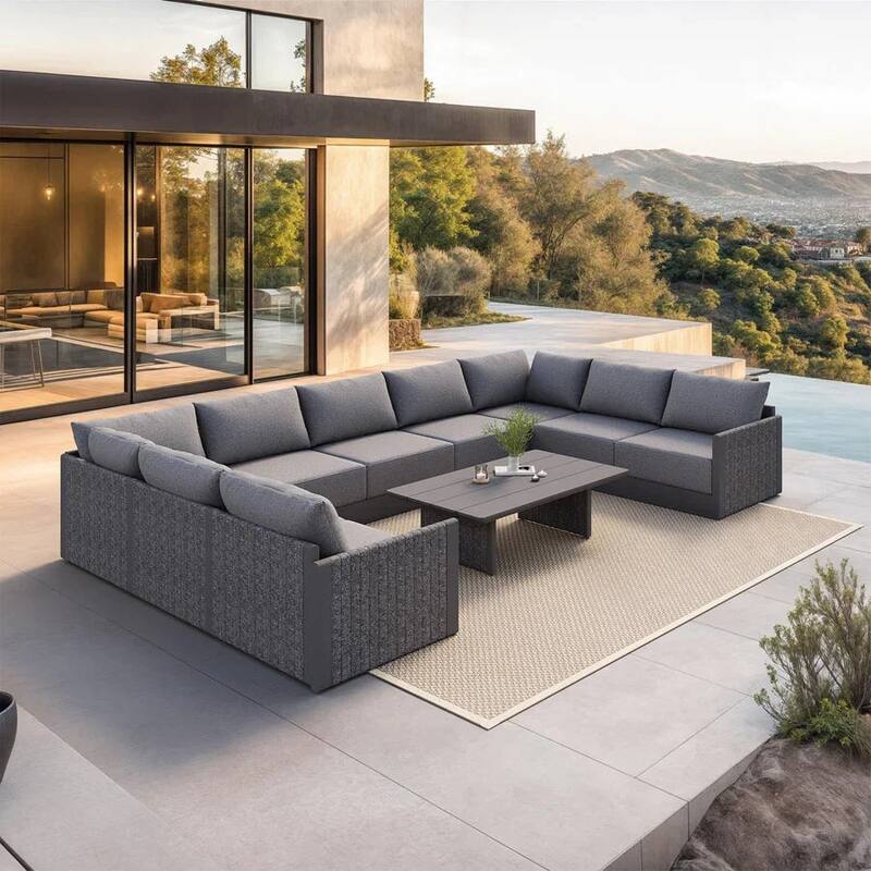 PURPLE LEAF Santorini U-Shaped 13 Piece Grey Sofa with Ottoman and Cushion for Garden Outdoor Patio Conversation Set