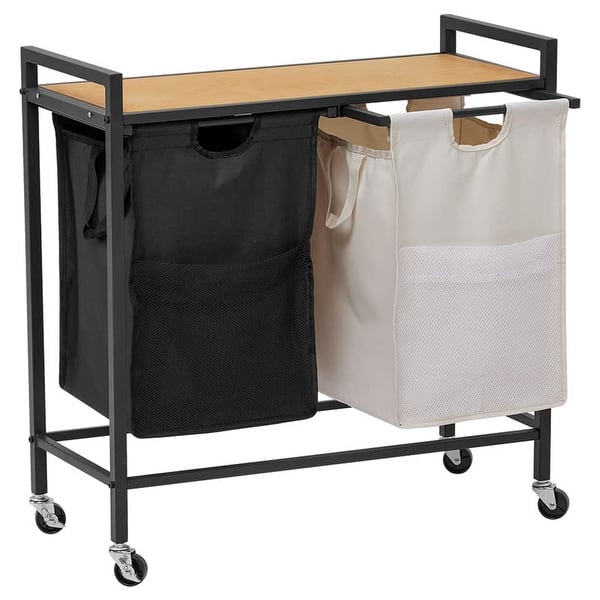 slide 2 of 7, 2-Section Rolling Laundry Basket Hamper Cart with Wheels Black