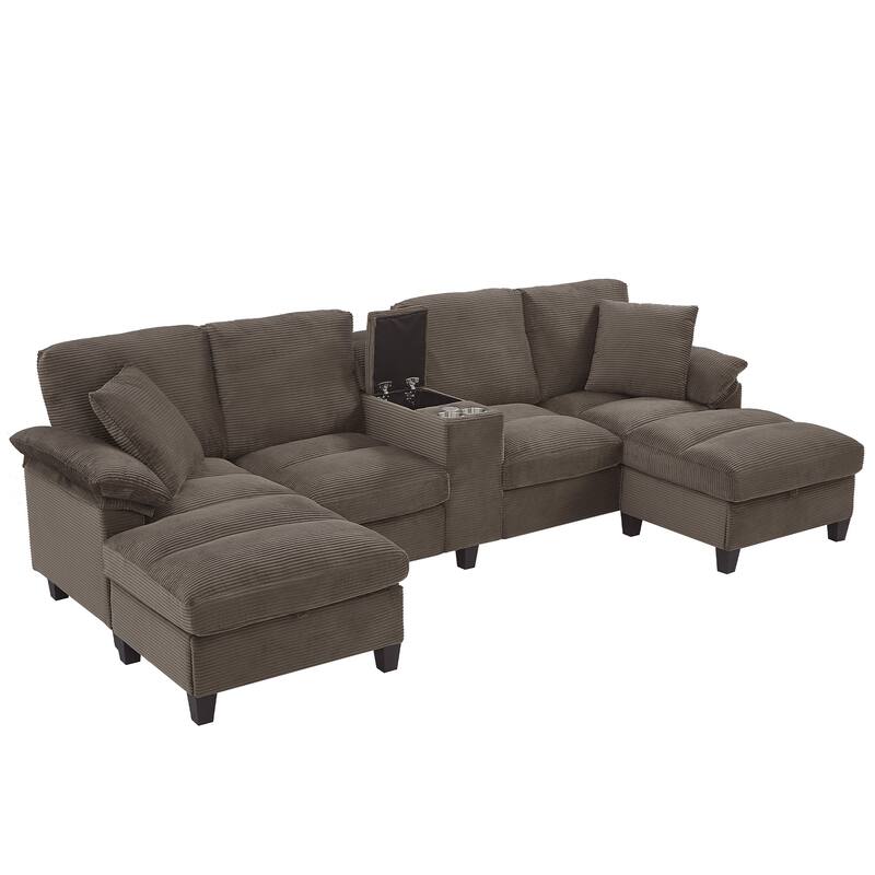 Corduroy Upholstered 4 Seat Sofa, U-shaped Sectional Sofa with Movable Storage Ottomans, Console, Cup Holders and USB Ports
