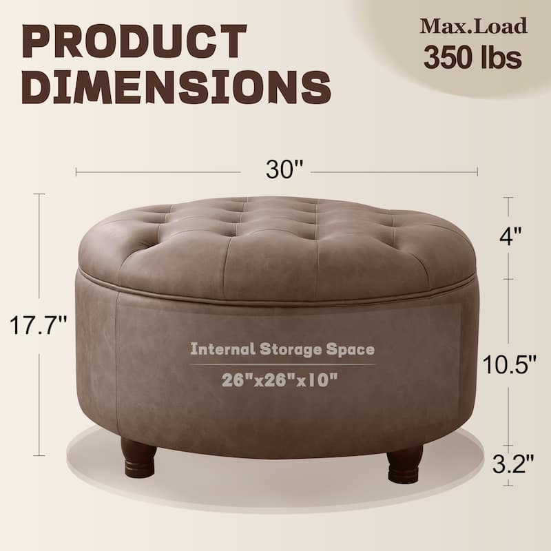 Tufted Round Storage Ottoman, Faux Leather