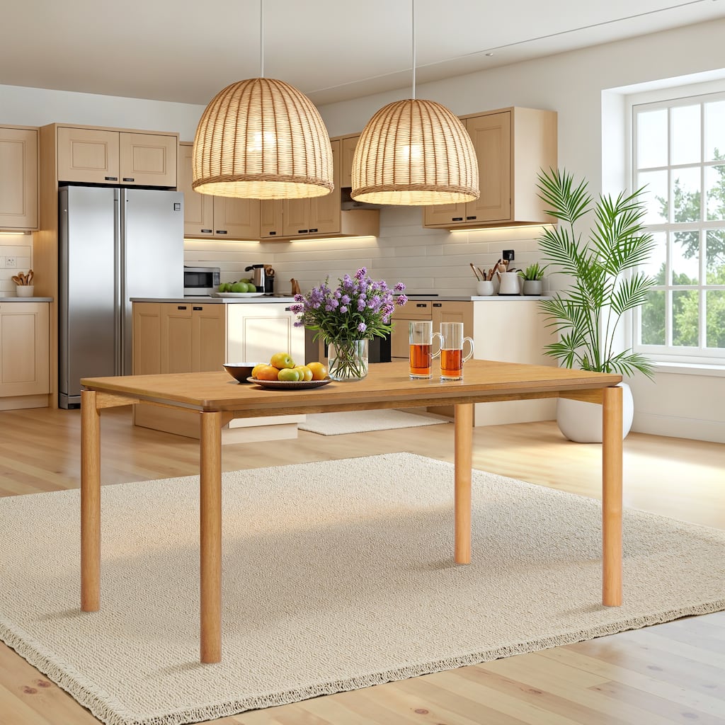 Oak Veneer MDF Wood 6-Person Rectangle Dining Table with Rubberwood Legs - 59.06" Wide