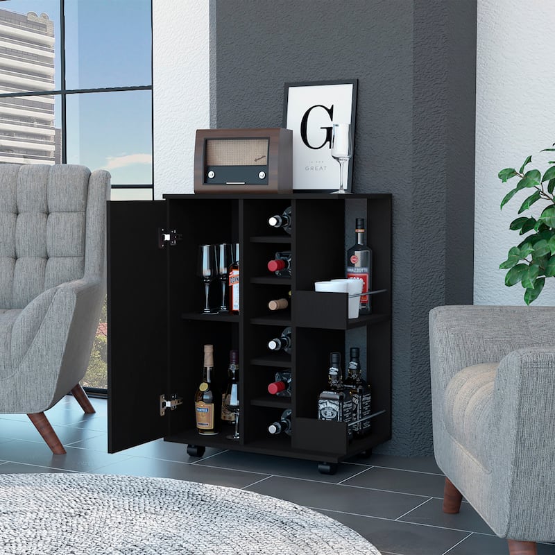 Tennessee Bar Cart, One Cabinet With Division, Six Cubbies For liquor, Two Shelves