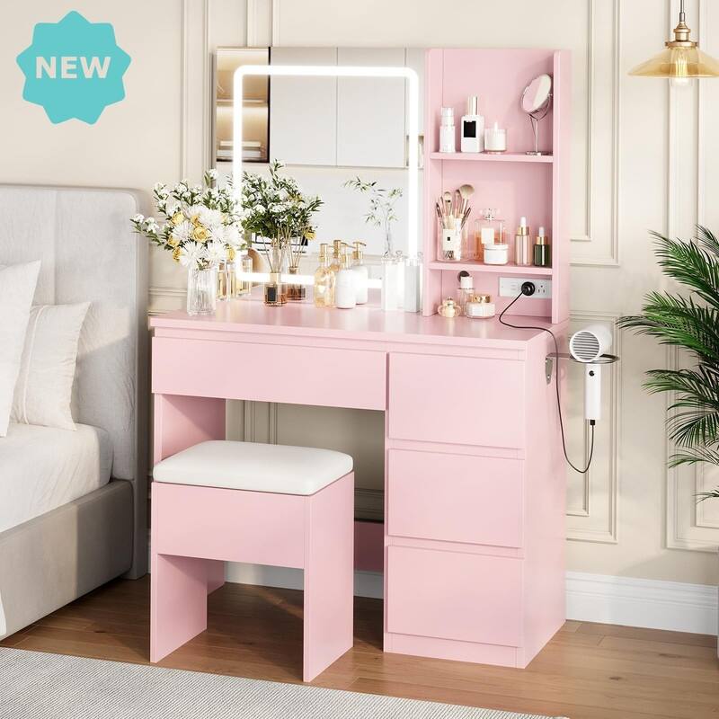 Vanity Desk with LED Mirror, Charging Ports, Storage Stool, Drawers, Hair Dryer Holder