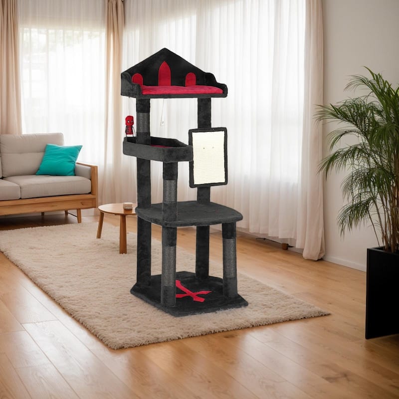 49" Gothic Cat Tree with Throne Bed and Coffin Perch Scratching Posts and Hanging Toy for Cats