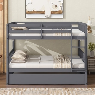 Modern Design Rubber Wood Bunk Bed with Trundle, Ladder and Guardrails, Full Over Full, Taupe