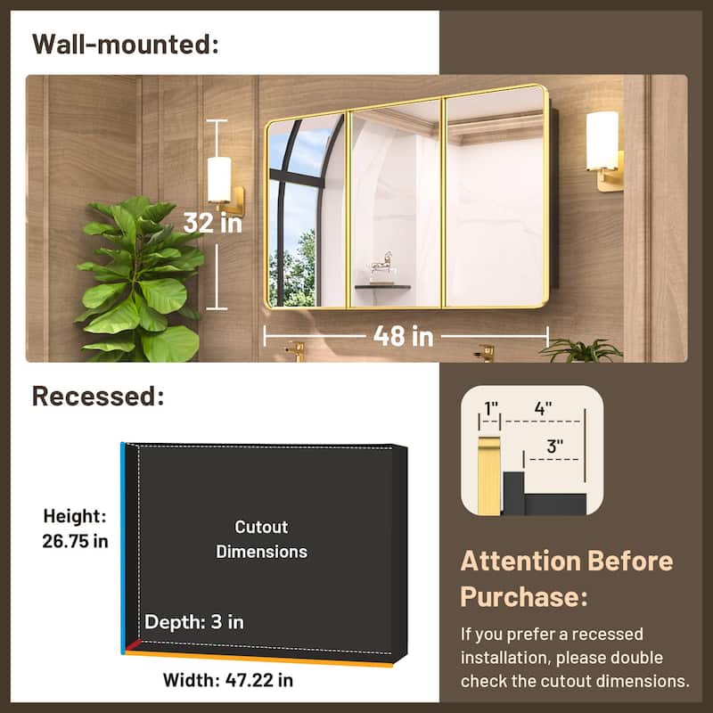 KEONJINN Medicine Cabinets for Bathroom with Mirror, Stainless Steel 1-3 Framed Doors