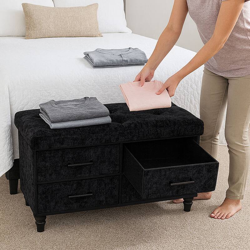30 Inch Storage Ottoman With Four Drawers For Organized Home Use Storage