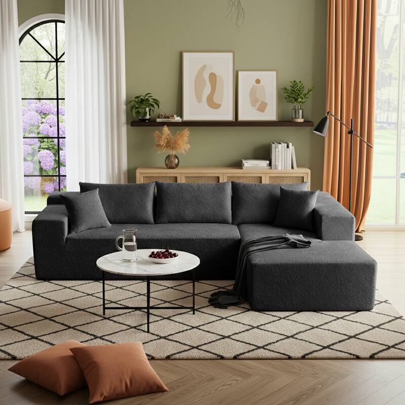 103.54" L-Shaped Modern High-Density Sponge Velvet Modular Sectional Sofa with Chaise & Pillows - Black-Raindrop Velvet - Right Facing