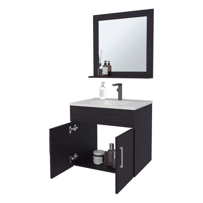 Floating Bathroom Vanity Set with Sink, Two-Door Cabinet, and Mirror,Wengue