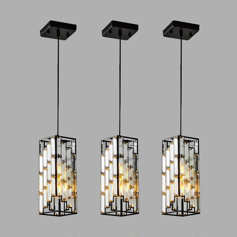 4" Modern Crystal Pendant Light - 3 Pack, Adjustable Hanging Ceiling Lamp with Crystal Prism Design for Dining Room - Black