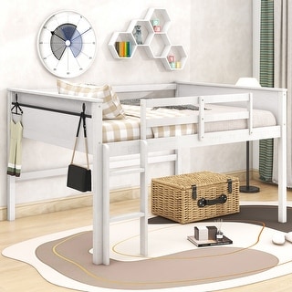 White Wood Full Size Loft Bed with Hanging Clothes Racks