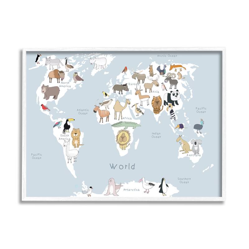 Stupell Children's Animal World Map Playful Illustration Light Blue Framed Wall Art - 24 x 30 - White