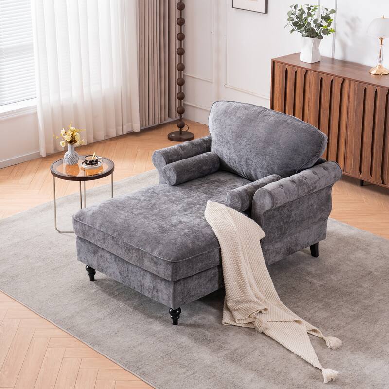 Oversized Chaise Lounge Sofa Bed - Wide Chenille Armchair, Upholstered Lazy Sleeper for Living Room - Grey/Black