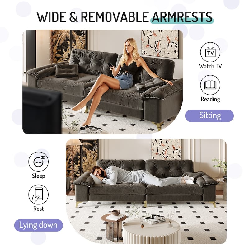 104.7" Modern Sectional Sofa with Tufted Design, Removable Armrests, Metal Legs & 2 Pillows, Chenille Upholstered Couch