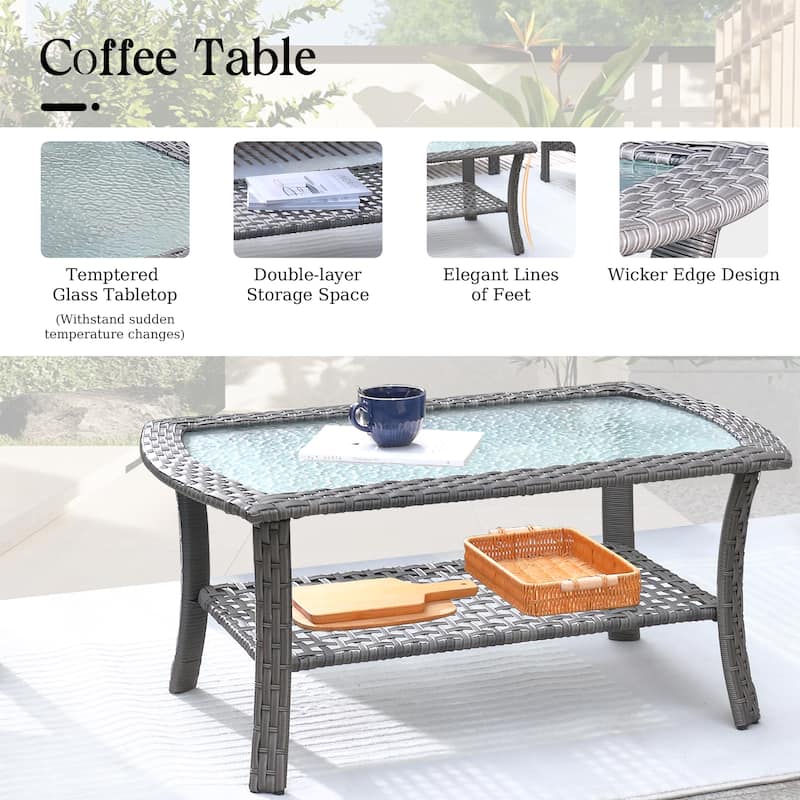 HOOOWOOO 4-piece Wicker Outdoor Conversation Set with Glass Coffee Table