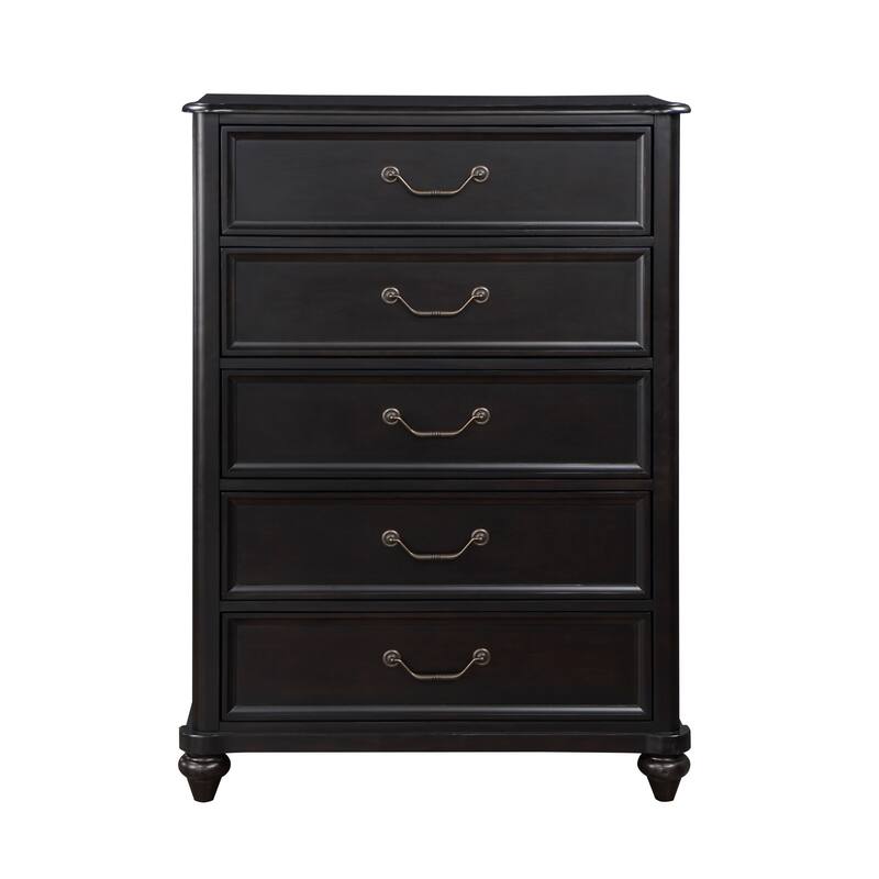 Vix 51 Inch Tall Dresser Chest, 5 Drawers, Pewter Drop Handles, Black