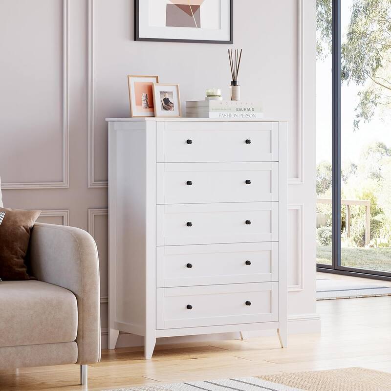 5 Chest of Drawer Dresser, Modern Wood Tall Nightstand with Deep Drawers and Nickel Round Handle for Home