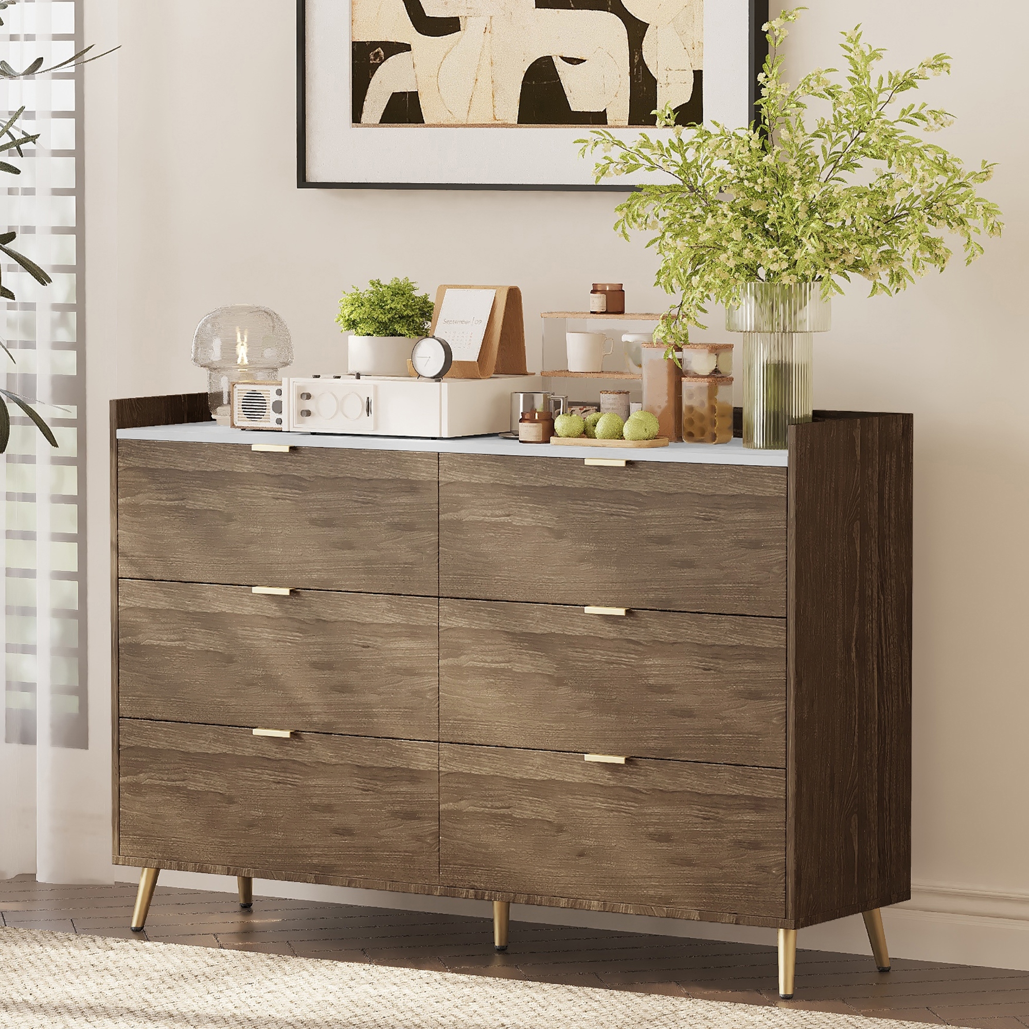 55 Long 6 Drawer Dresser with Marbling Worktop Mordern Storage Cabinet with Metal Leg and Handle for Bedroom Walnut Brown