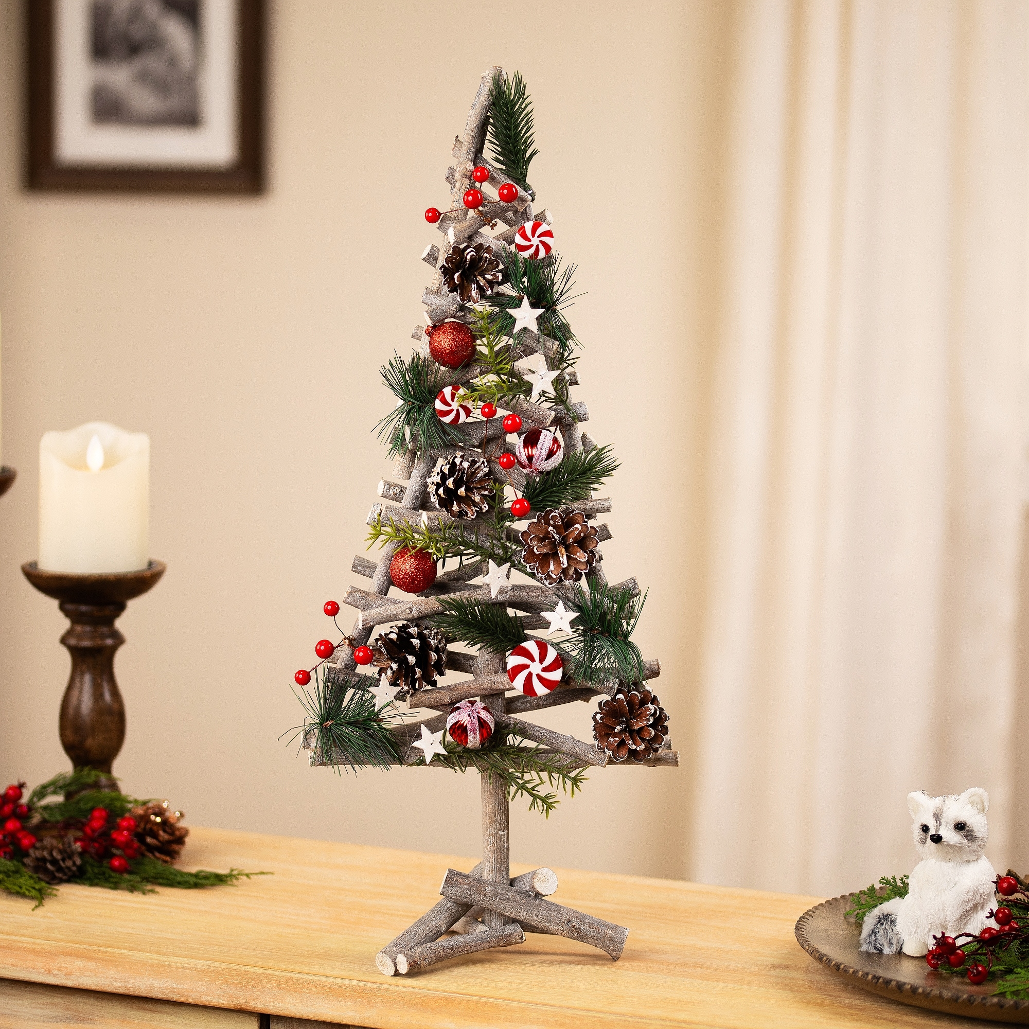 Glittered Peppermint Candy Wooden Tree Artificial Christmas Decoration - 21.5"