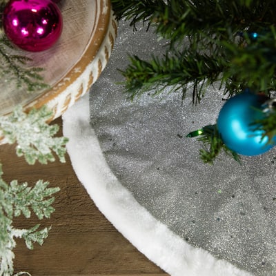20" Silver Glittered Mini Christmas Tree Skirt with White Fur Trim - 20