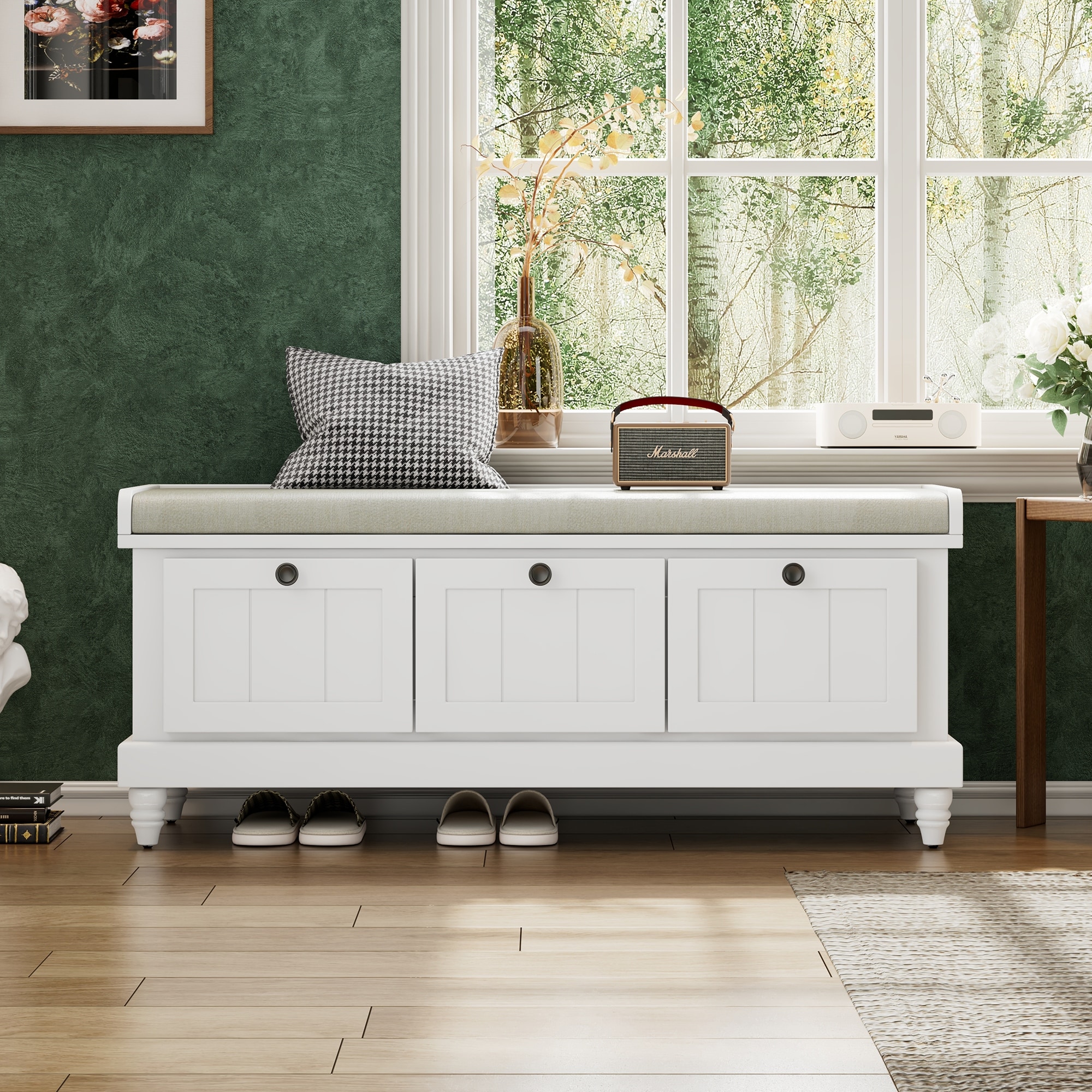 Storage Bench with Cushioned Seat & 3 Drawers, Wooden Entryway Storage Bench, Shoe Bench with Hidden Storage Space
