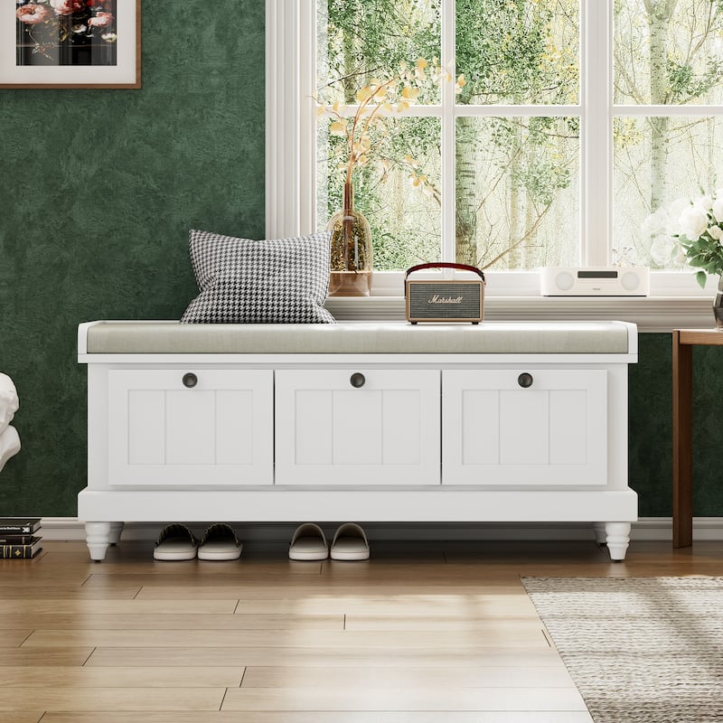 Storage Bench with Cushioned Seat & 3 Drawers, Wooden Entryway Storage Bench, Shoe Bench with Hidden Storage Space - White