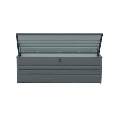 ​Grey Industrial Steel Storage Deck Box with Hydraulic Lid and Convertible Table for Patio Poolside