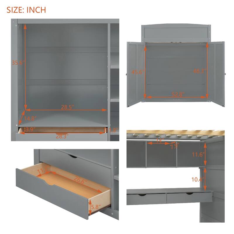 Modern Full Loft Bed with Built-in Desk, Storage Drawers, Shelves, and Open Closet for Optimal Organization