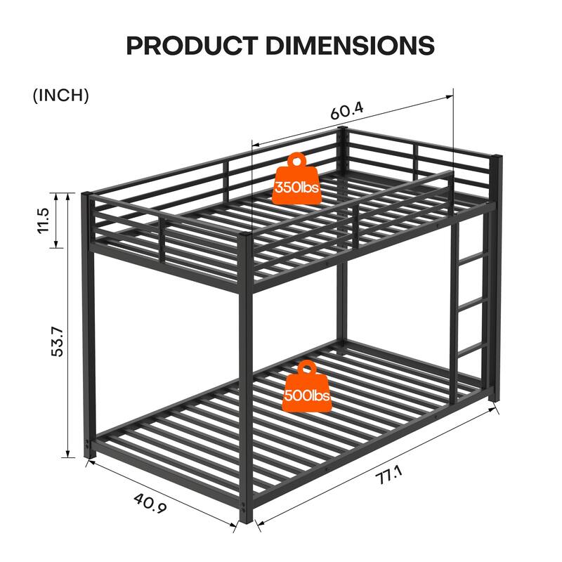Twin Over Twin Metal Bunk Bed with Ladder, Low Profile Steel Frame, Guardrails, 250lb Upper & 350lb Lower Capacity