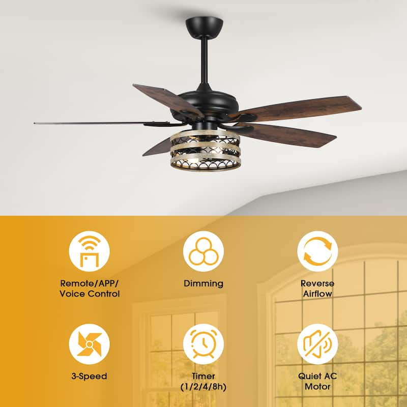 52" Farmhouse Reversible 5-Blade Smart Ceiling Fan with Remote, App Control, Voice Control