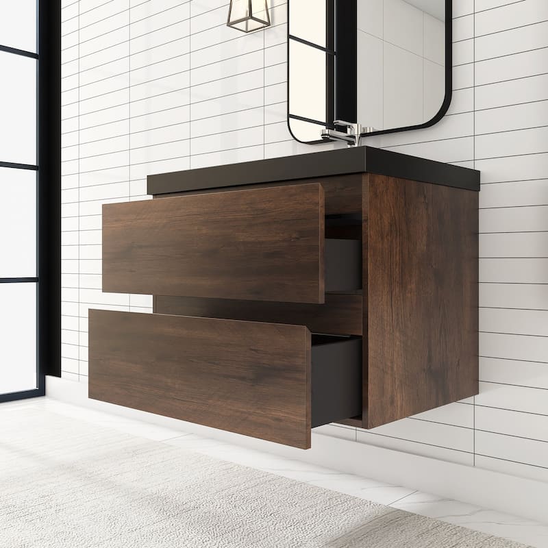 24/30/36 inch Wall-Mounted Bathroom Vanity Set in Rose Wood with Integrated Black Resin Sink