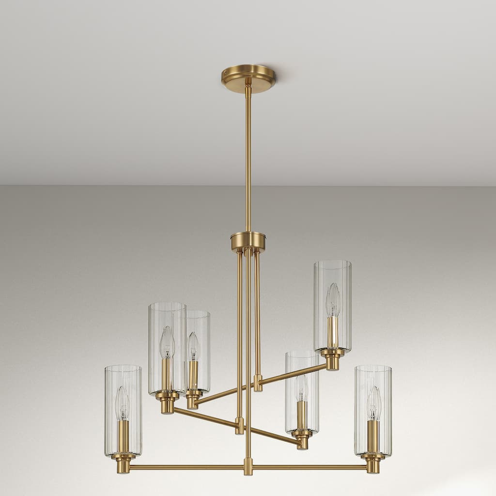 Frag 6-Light Satin Brass Pendant with Ribbed Glass Shades - Clear Ribbed Glass