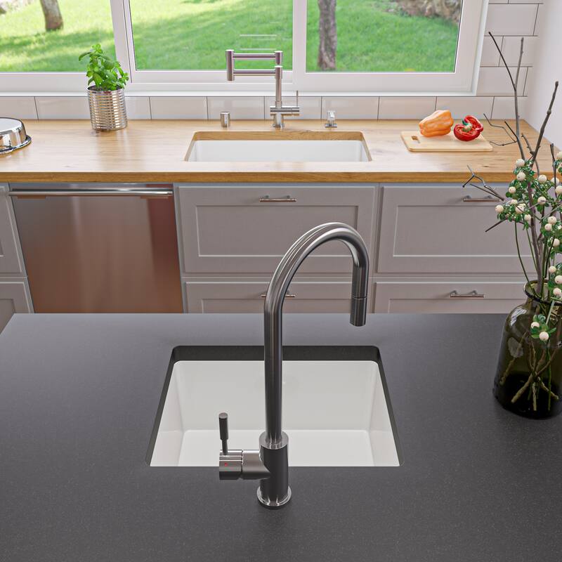 ALFI brand ABF3018UD-W White 30" x 18" Fireclay Undermount / Drop In Fireclay Kitchen Sink