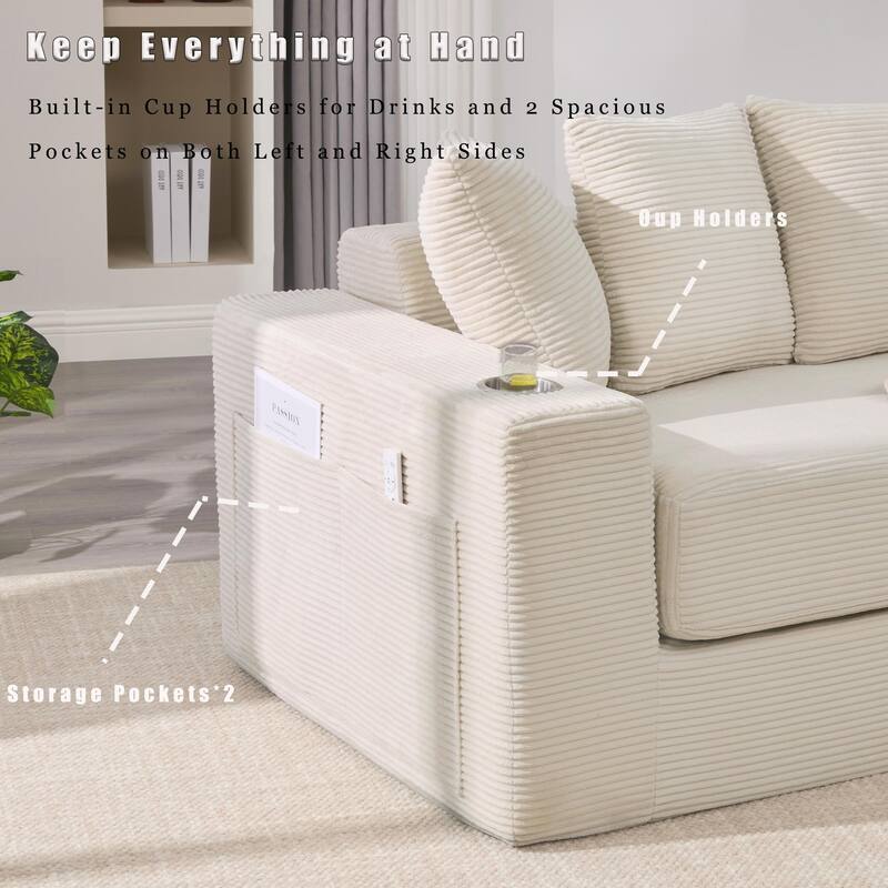 Convertible Corduroy Sleeper Loveseat Sofa Bed 3 Seater Floor Folding Couch with 5 Pillows, Cup Holders and Side Pockets