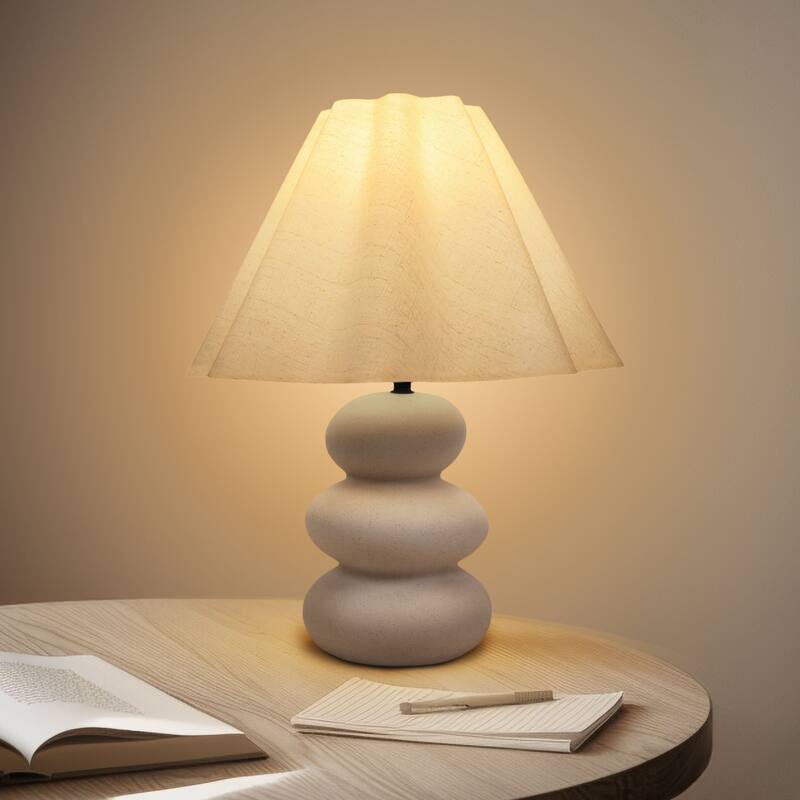Brightech Kelsey 17.7 in. Speckled Beige Bohemian LED Rounded Bedside Desk Table Lamp with Beige Linen Empire Shade