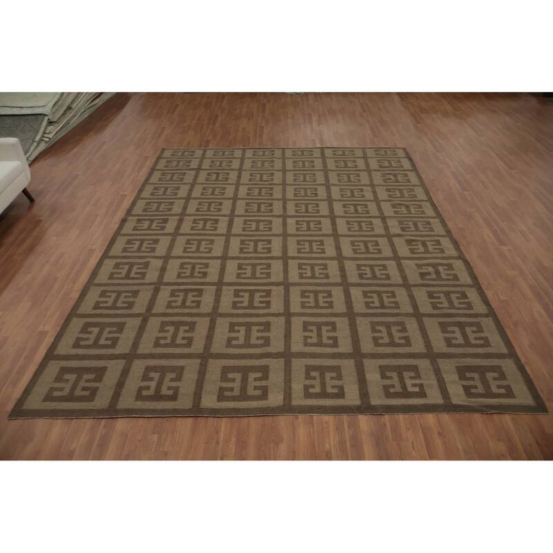 Hand Woven Oriental 100% Wool Carpet Southwestern Tribal Brown Kilim Area Rug - 12' 9'' X 9' 9''
