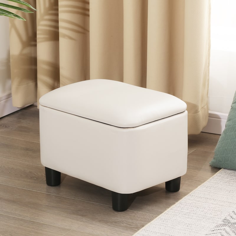 Adeco 16" Faux Leather Storage Ottoman Small Footstool - White